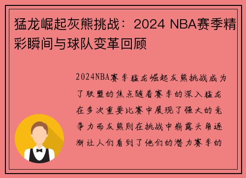 猛龙崛起灰熊挑战：2024 NBA赛季精彩瞬间与球队变革回顾
