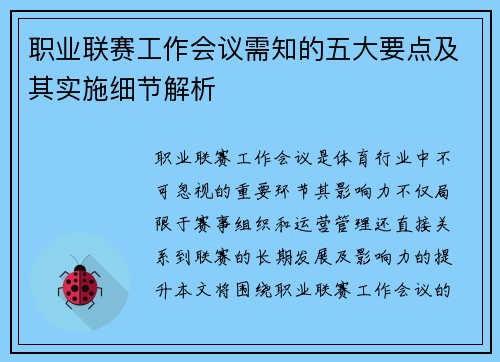 职业联赛工作会议需知的五大要点及其实施细节解析