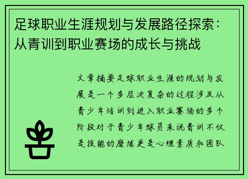 足球职业生涯规划与发展路径探索：从青训到职业赛场的成长与挑战